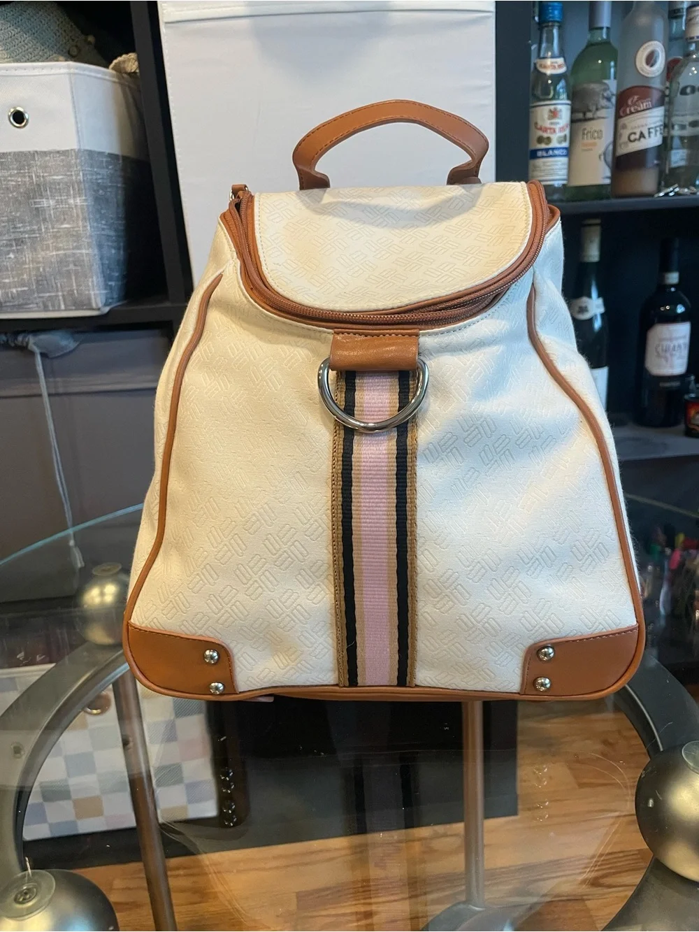 Canvas & Leather Trim Backpack - Cream with Pink Stripe